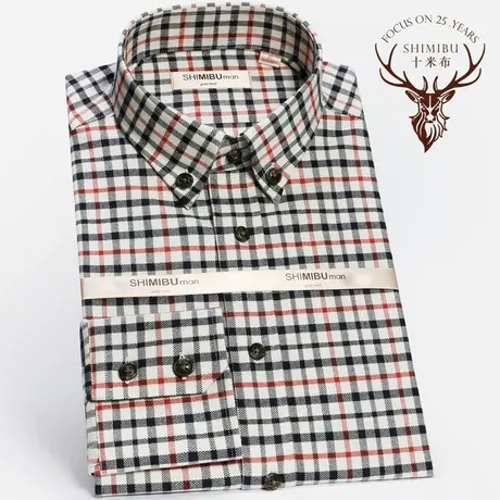 十米布春季新款磨毛格子衬衫全棉男士长袖修身纯棉商务休闲衬衣商品大图