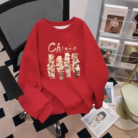 vintage美式卫衣女大码纯棉圆领复古外套ins潮秋冬加绒设计感上衣商品大图