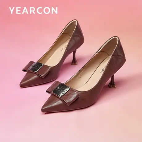 意尔康方块扣式高跟鞋细跟女2024新款春红色尖头高级性感真皮单鞋图片