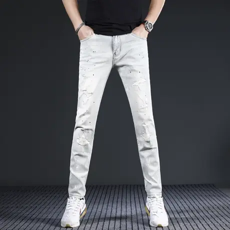 高端破洞牛仔裤2024新款男修身小脚浅色泼墨潮流补丁痞帅男士裤子商品大图