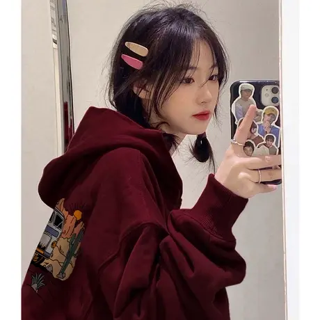 国潮卫衣女秋冬加绒加厚美式复古港味chic小众设计感连帽外套上衣图片