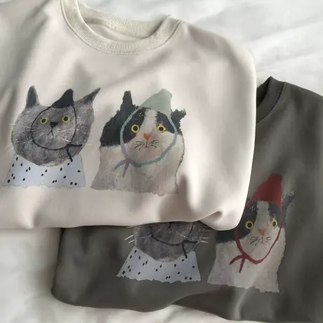 可爱胖喵 慵懒卡通宽松圆领套头衫卫衣女百搭长袖休闲上衣春季24商品大图