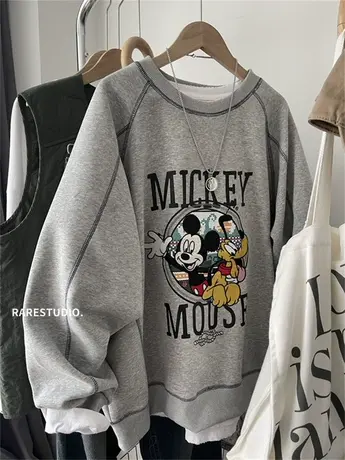 韩国春季新款明线拼接重工刺绣米奇高飞设计感圆领宽松卫衣百搭女商品大图