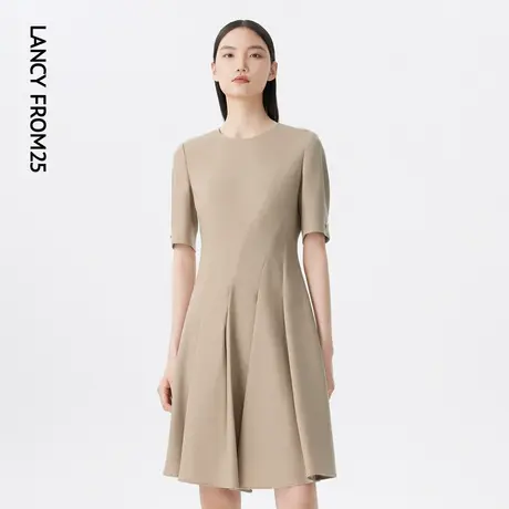 LANCY/悦朗姿2023春季新款圆领收腰显瘦A字连衣裙女绵羊毛女裙子商品大图