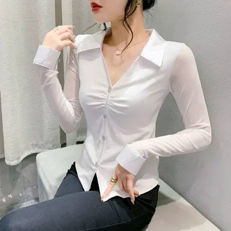 个性开叉T恤女网纱长袖镂空褶皱拼接设计感不规则上衣洋气修身ins图片