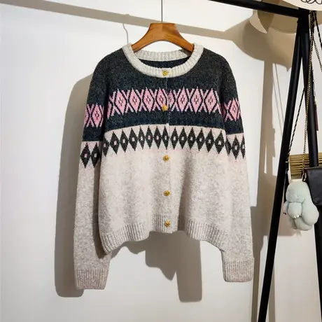 民族风毛衣开衫外套女春秋新款宽松圆领复古条纹菱形格针织衫上衣商品大图