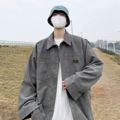 长袖衬衫男生春秋季新款日系潮流工装衬衣休闲宽松大码灯芯绒外套商品大图