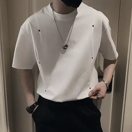 高级感小众金属铆钉纯色重磅短袖T恤男夏季网红个性男装T恤半截袖商品大图