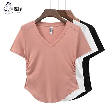 2024年夏季V领纯欲体恤上衣修身短款高腰T恤纯棉大码糖果色内搭商品大图