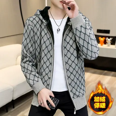 加绒加厚连帽外套男士潮流休闲针织拉链开衫保暖上衣冬装线衣夹克商品大图