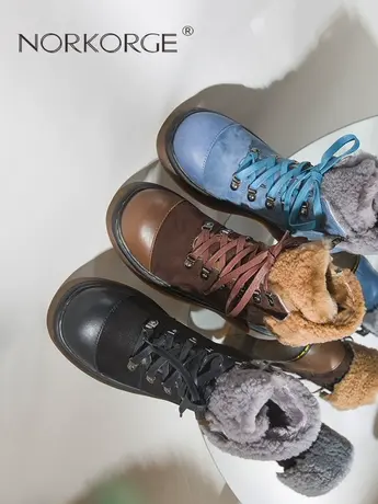 2023新款冬复古蓝色森系雪地靴女真皮圆头粗跟马丁靴真毛羊毛短靴商品大图