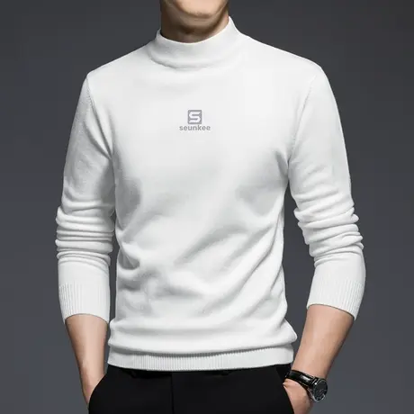 半高领毛衣男秋冬季保暖内搭打底衫白色针织衫毛线衣潮流中领毛衫图片
