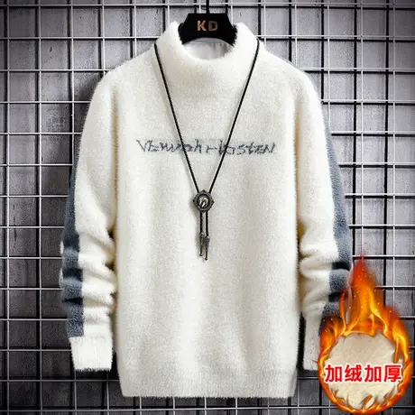 水貂绒半高领男士毛衣潮打底衫2023秋冬季加绒加厚中领拼色羊毛衫商品大图
