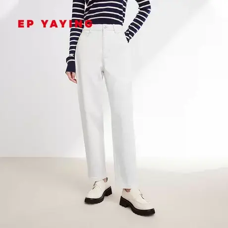 EP雅莹女装 含真丝羊绒 米白薄绒直筒加绒牛仔裤 2023秋冬新J608A商品大图