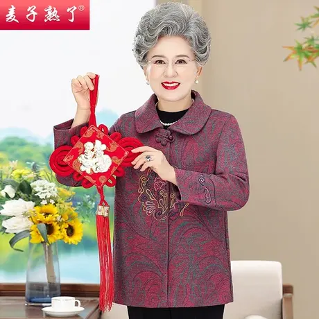 2023秋季新款奶奶装外套毛呢绣花唐装冬加绒中老年人女妈妈装棉衣图片