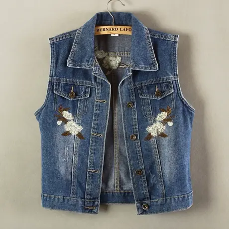 牛仔马甲女短款修身新款韩版潮显瘦春秋无袖外套背心坎肩绣花外搭商品大图