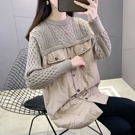 中长款棉服女早春2023新款韩版宽松显瘦针织毛衣拼接加厚套头上衣图片
