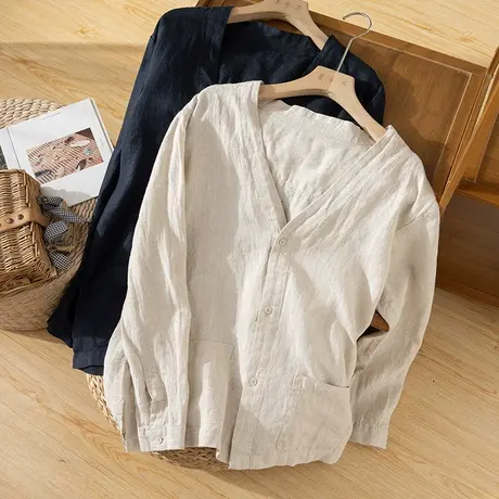 享永子长袖亚麻衬衫女V领文艺复古上衣棉麻休闲外套2023秋季新款商品大图