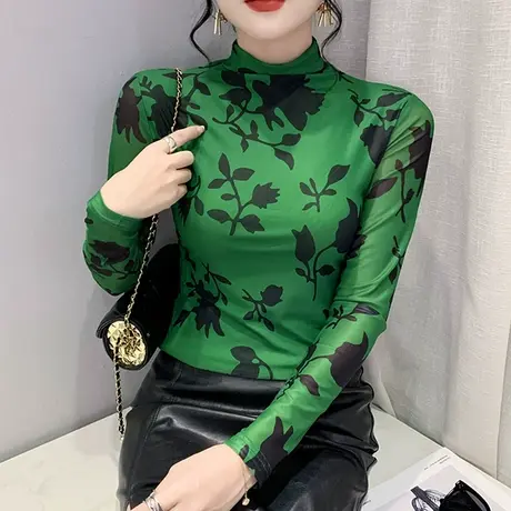网纱气质打底衫女春秋2023新款时尚半高领上衣显瘦印花T恤长袖ins商品大图