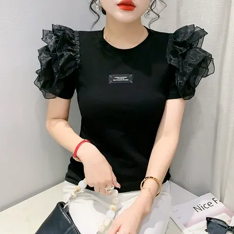 2023年新款设计感木耳边短袖T恤女网红个性洋气上衣网纱拼接丅恤商品大图