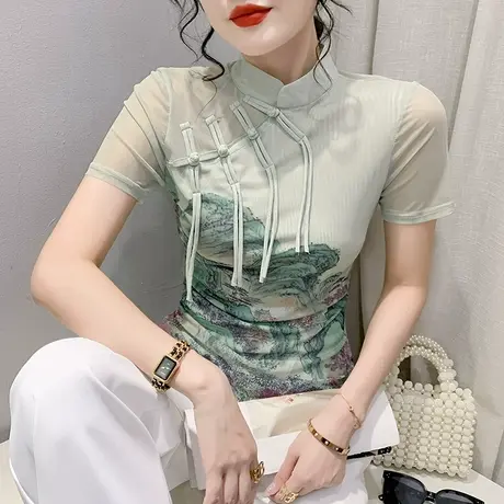 复古印花T恤女短袖2023夏季新款设计感改良盘扣上衣洋气网纱小衫商品大图