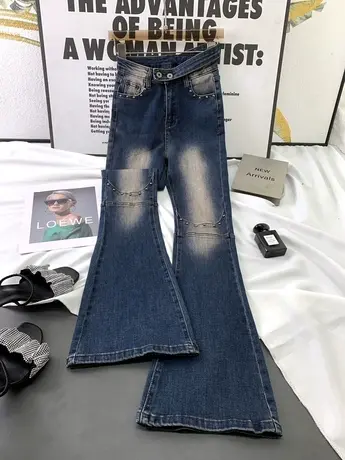 辣妹镂空高腰钉珠微喇牛仔裤女设计感水洗磨白复古显瘦喇叭长裤子商品大图