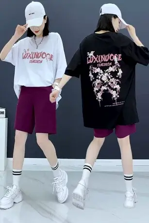 2023夏季新款韩版宽松大版后背印花显瘦短袖t恤上衣潮中长款短袖商品大图