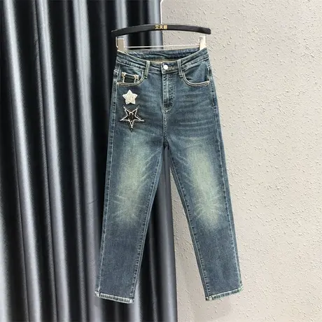 欧货个性重工贴布牛仔直筒裤女2023秋季新款小个子高腰磨白烟管裤商品大图