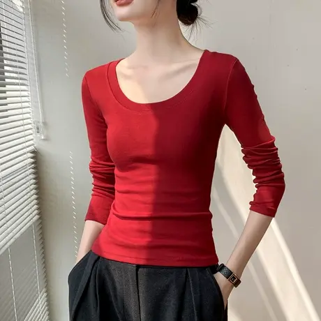 大圆领长袖T恤女2023早秋新品纯棉西装内搭纯色基础款打底衫上衣商品大图