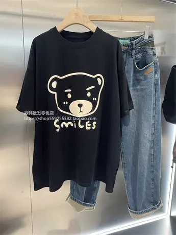 欧货2023早春新款oversize百搭印花圆领短袖T恤上衣女宽松bf慵懒图片