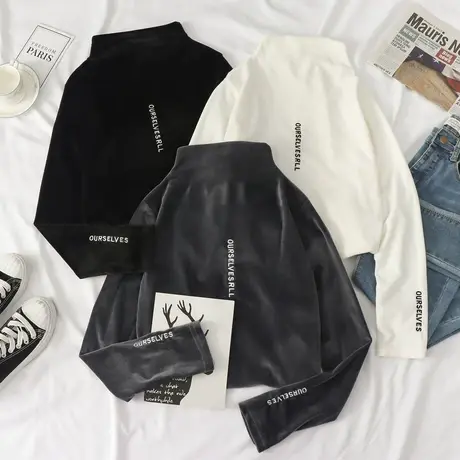 德绒内搭秋冬高领加绒打底衫女装金丝绒加厚保暖白色长袖t恤上衣商品大图