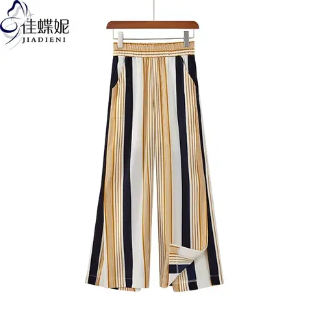 夏季新款韩版松紧腰宽松裤摆侧开叉长裤女装条纹拼色小个子休闲裤图片