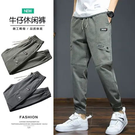 字母刺绣潮牌军绿色工装休闲裤男士束脚宽松九分垮裤夏季薄款夏天商品大图