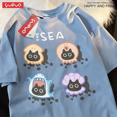 悦游 海洋猫三连 海鲜黑猫潮流宽松夏季纯棉t恤男原创小众趣味商品大图