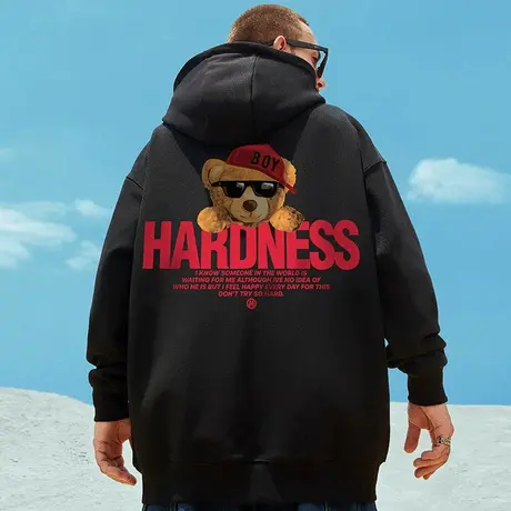 国潮oversize连帽卫衣男潮牌ins潮流大码男装秋冬款加绒小熊外套图片