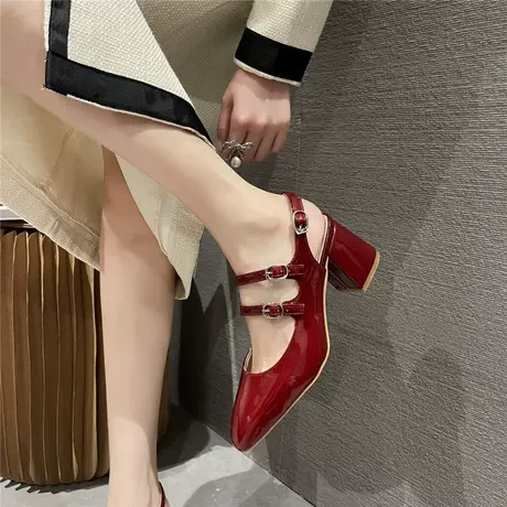 法式复古方头双扣带后空凉鞋女2023夏季新款粗跟玛丽珍鞋单鞋中跟商品大图
