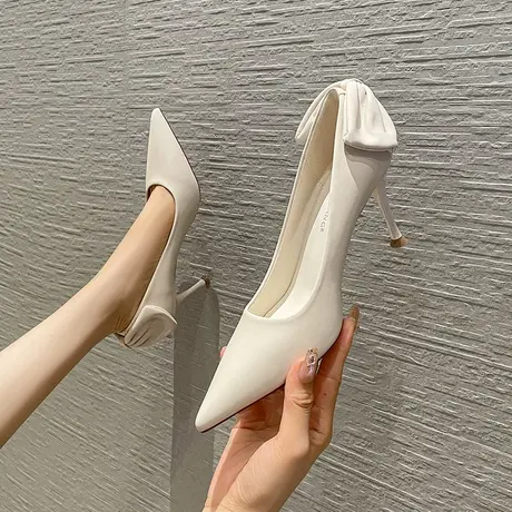 蝴蝶结高跟鞋女细跟2023年春夏季新款法式性感女神范尖头浅口单鞋图片