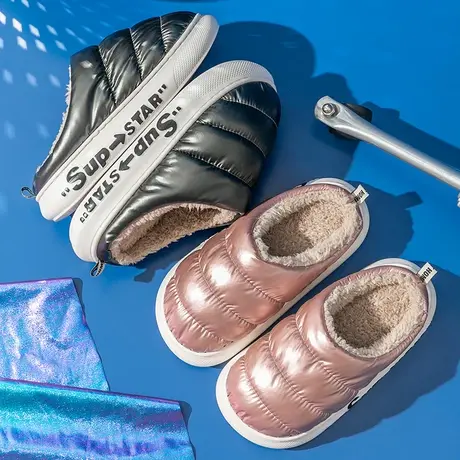 秋冬季室内保暖加绒拖鞋女羽绒防水厚底居家外穿情侣踩屎感棉拖鞋商品大图