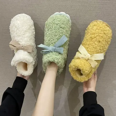 蝴蝶结棉拖鞋女包跟冬季可爱厚底防滑保暖家居家室内产后月子拖鞋商品大图