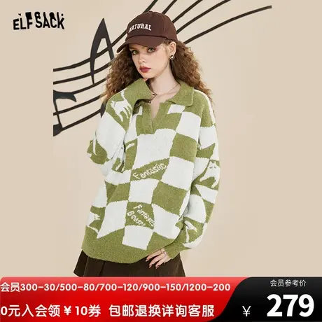 妖精的口袋棋盘格polo领毛衣女2022秋冬季新款套头圆领宽松慵懒风商品大图