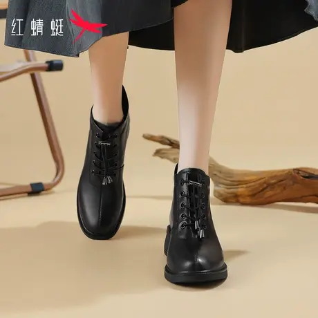 红蜻蜓法式黑色中跟气质短靴女2023新款春秋单靴瘦瘦靴女时装靴子图片