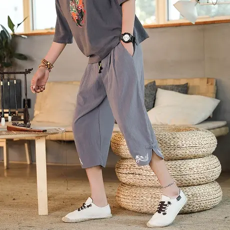 夏天七分裤男休闲亚麻短裤潮流宽松裤子夏季棉麻男士薄款7分裤潮商品大图