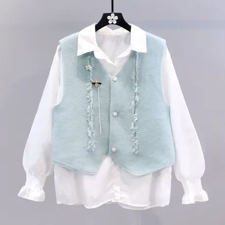 小香风设计感针织马甲两件套女2023早春新款宽松百搭长袖衬衫套装图片