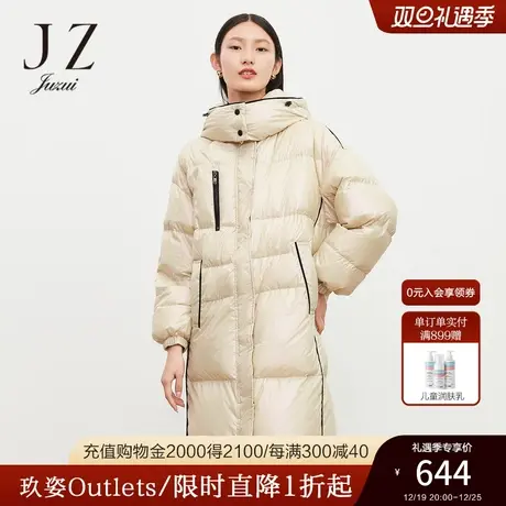 JZ玖姿官方奥莱冬季新款格纹撞色休闲连帽长款运动风女羽绒服图片