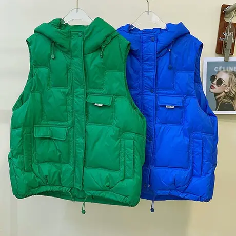 韩版免洗亮面羽绒棉马甲女2023秋冬加厚连帽短款马夹坎肩背心外套商品大图