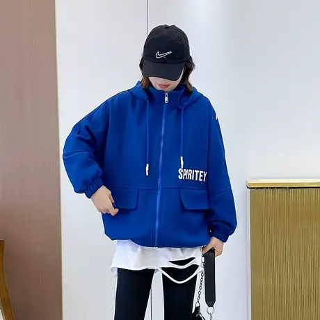 欧货2023春秋新款长袖个性字母印花bf风设计感中长款宽松短外套女图片