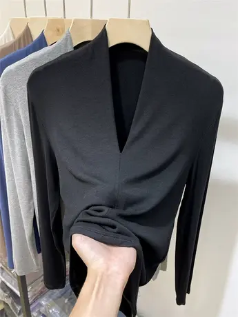 螺纹时尚V领长袖t恤女2023新款春秋弹力修身洋气内搭打底衫上衣薄图片