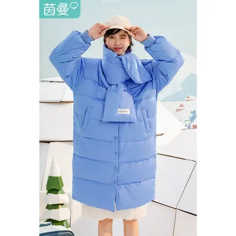 【清仓】茵曼冬装新款纯色圆领罗纹袖口配围巾长款羽绒服外套女商品大图