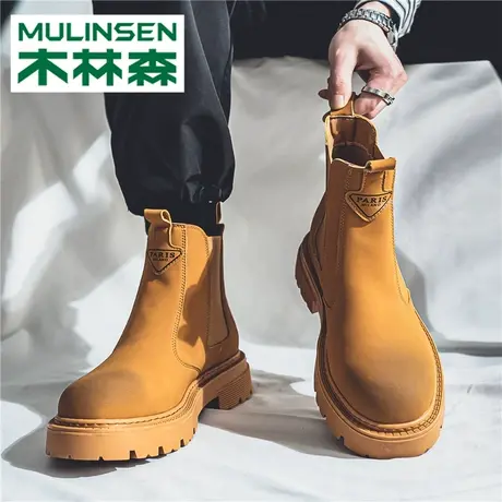 木林森切尔西马丁靴男款冬季加绒保暖大黄靴复古工装高帮雪地棉鞋商品大图