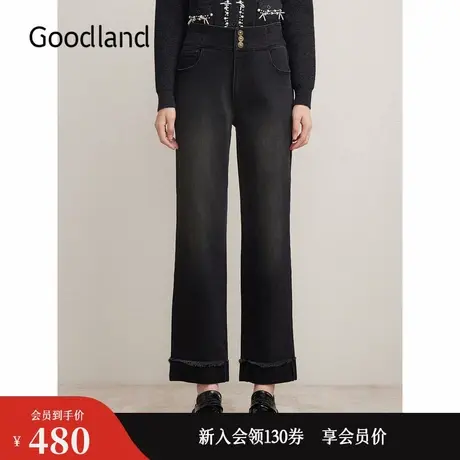 Goodland美地女装2024冬季新款弹力长裤高腰直筒抓毛牛仔裤图片